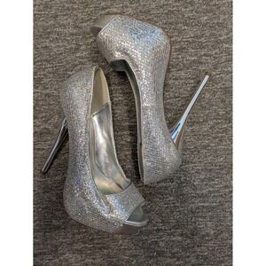 Deb Peep Toe Platform Pumps Women's 7.5 Silver Glitter Stiletto High Heel 5"